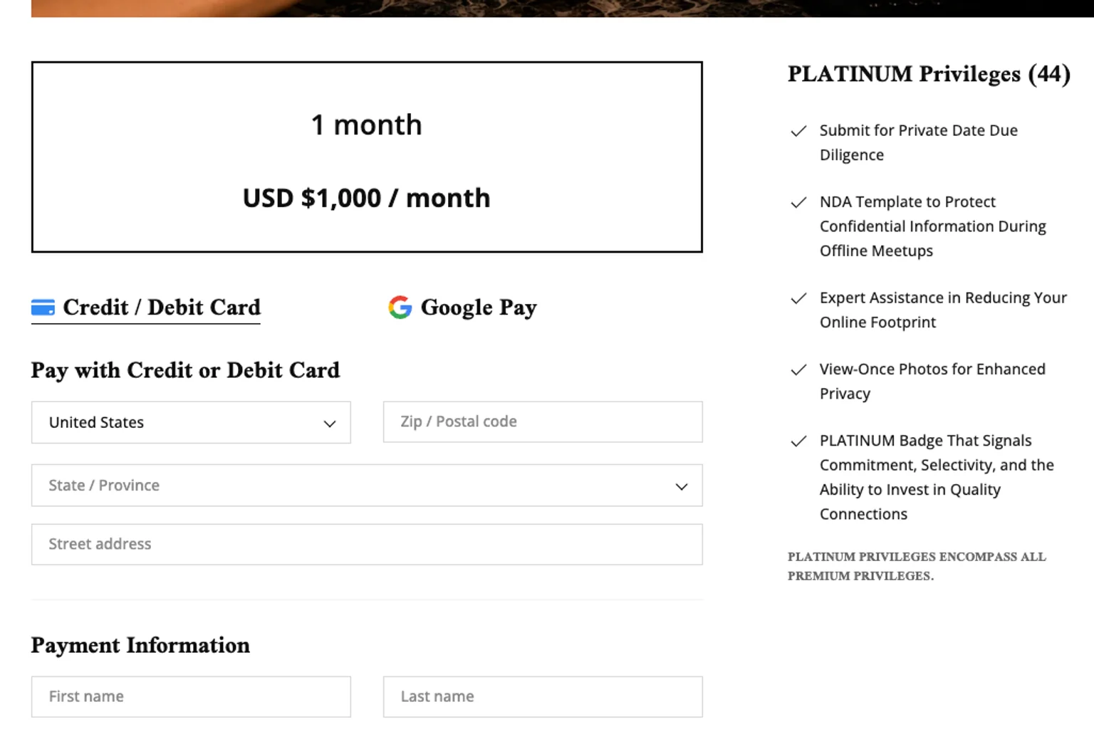 MillionaireMatch Platinum checkout showing the monthly price and privilege summary