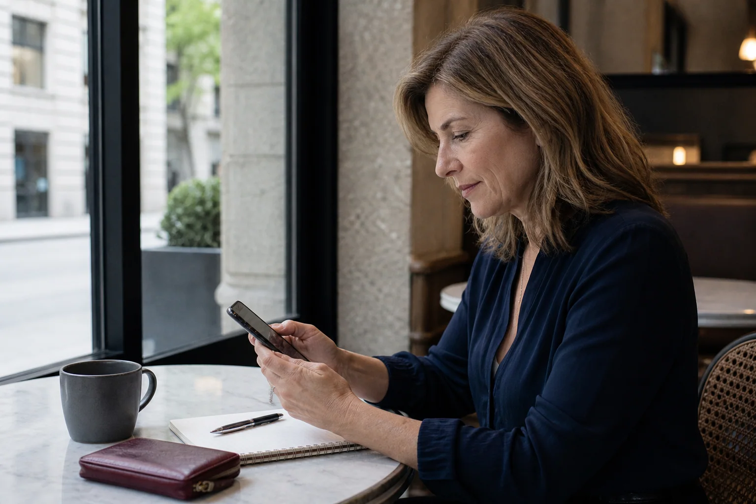 A mature adult reviewing an unbranded phone before opening a wallet