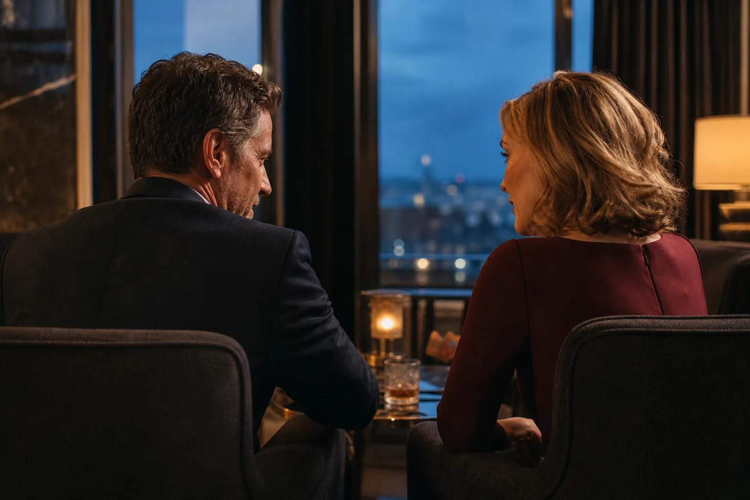 Two adults having a private conversation in a quiet hotel lounge