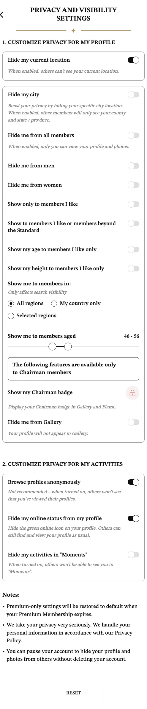 MillionaireMatch privacy and visibility settings with the profile and activity toggles