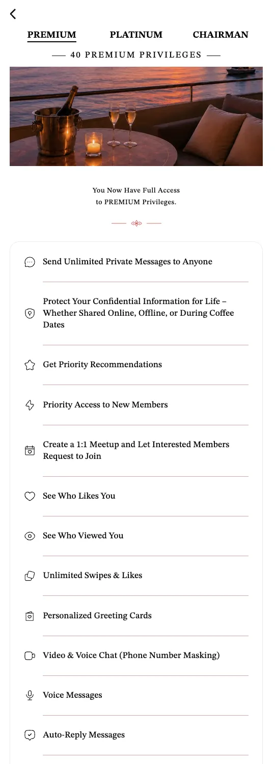 MillionaireMatch privileges panel with Premium, Platinum and Chairman tabs and the Premium list open