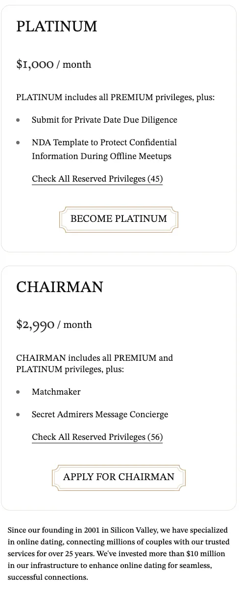 MillionaireMatch upgrade page showing Platinum at $1,000 a month and Chairman at $2,990 a month